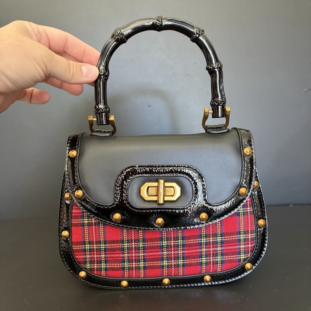 Betsey Johnson Tartan Top Handle Bag Black Red Plaid Dark Academia Punk Goth